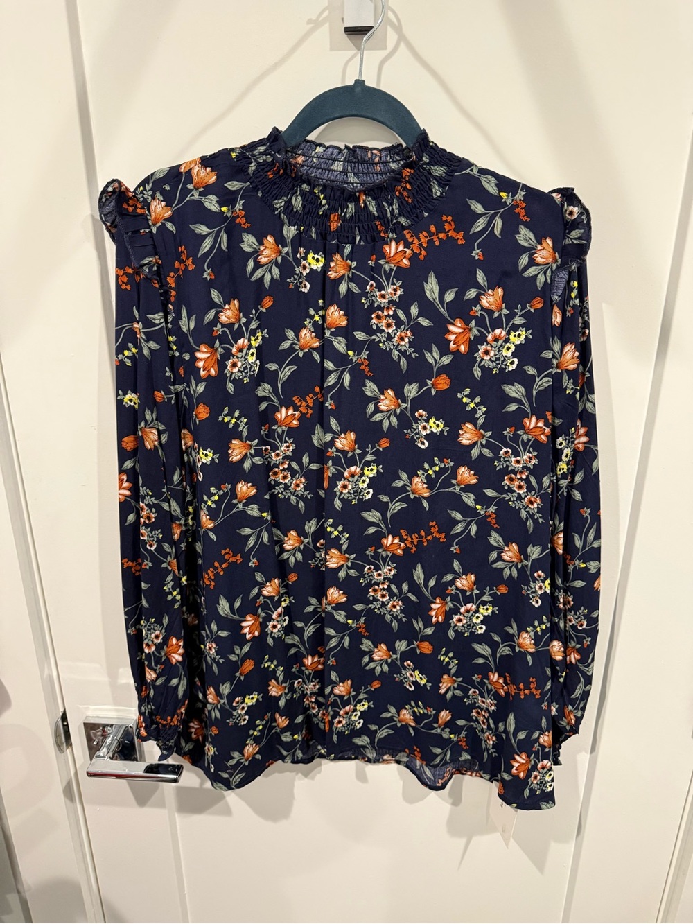 BloomChic Navy Floral Ruffled Smock-Neck Long Sleeve Blouse NWT, size XL